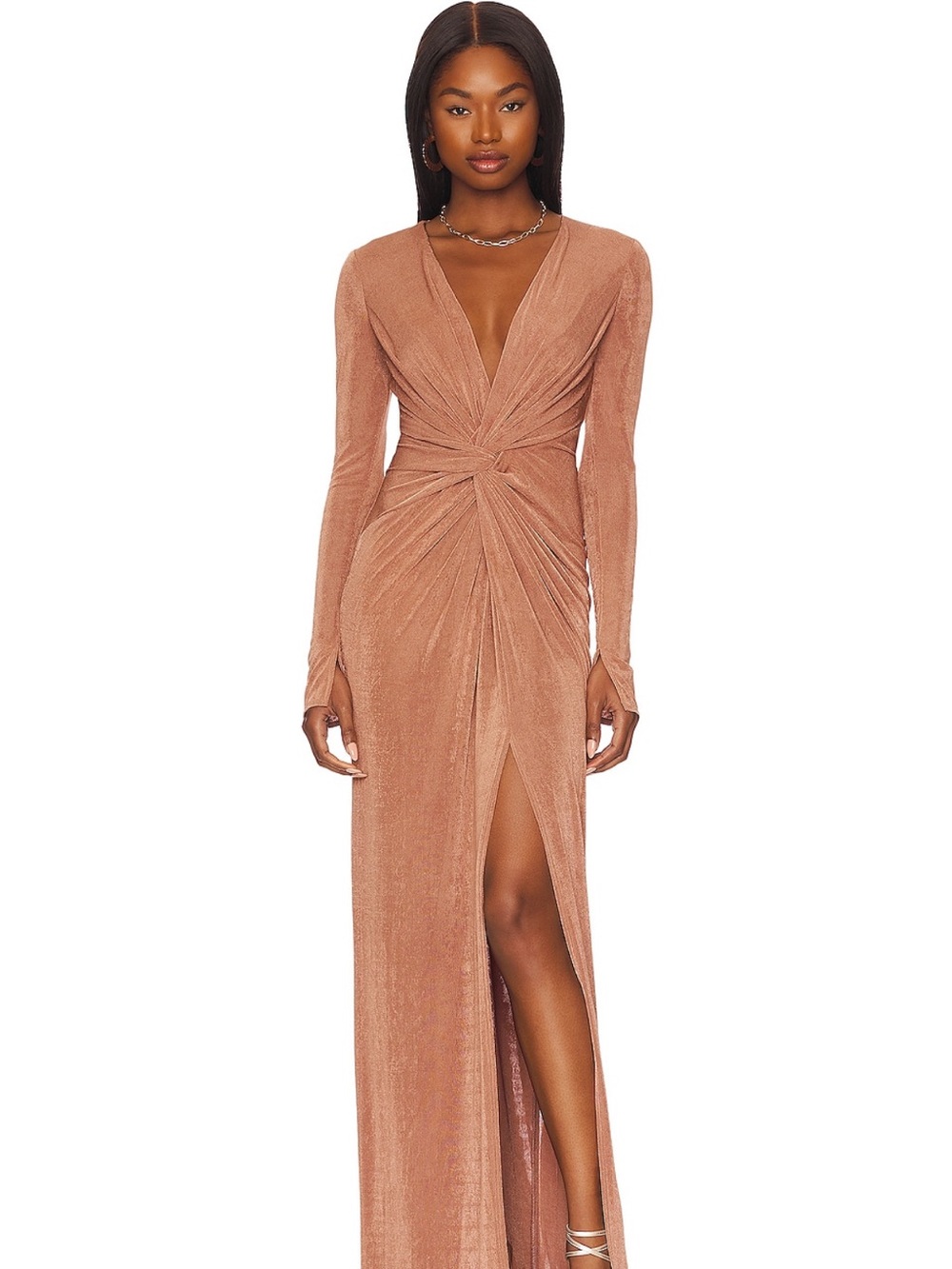 Katie May Shimmer Twist-Front Long Sleeve Maxi Dress in Dusty Rose